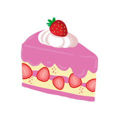 A strawberry cake slice with pink glaze, whipped cream, and a fresh strawberry. Vector illustration