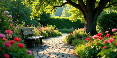 Fototapeta premium Serene Garden Path with Wooden Bench, Lush Blooms, and a Majestic Tree