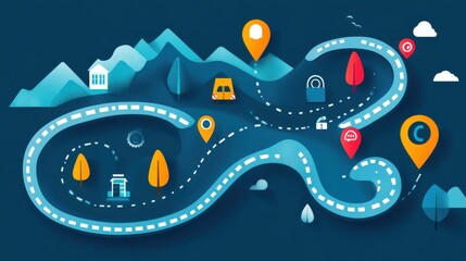 Colorful Illustrative Map with Scenic Route and Iconic Landmarks