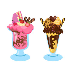 Two delicious dessert or ice cream milkshakes with toppings like cake, cookies, and chocolate. Vector illustration