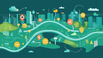 Obraz premium Colorful Cityscape Illustration with Icons and Scenic River Design