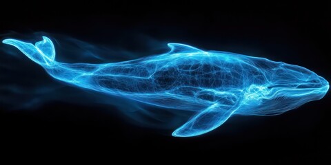 Glowing whale swims ocean dark background