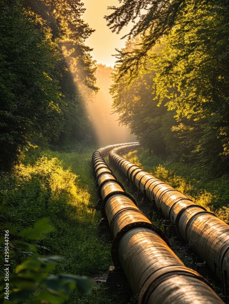 Aufkleber gas pipelines wind through a serene green forest with sun rays illuminating the quiet landscape at d