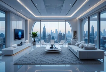 Modern Living Room with Panoramic City View and Sleek Furnishings