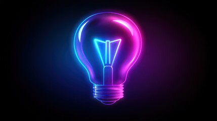 Glowing neon lightbulb, idea concept, dark background, website design