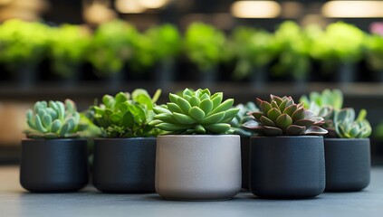 Succulents in pots, shop display, blurred plants background