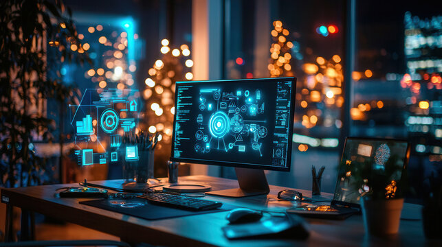 contemporary workspace featuring remote working setup with computer displaying digital graphics, illuminated by city lights