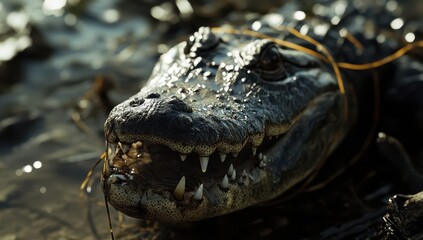 Obraz premium Close-up of Alligator Head in Natural Habitat with Water Droplets and Vegetation Surrounding the Reptile Highlighting Textures and Details of the Creature