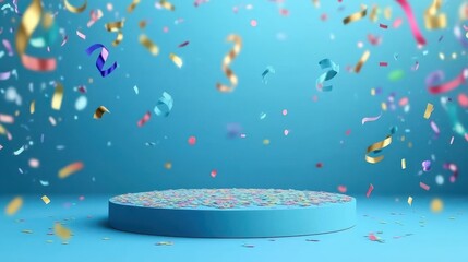 Vibrant Celebration Scene with Colorful Confetti and Empty Stage