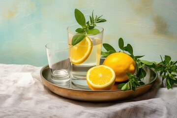 Fresh lemon water with mint leaves on brass tray. Refreshing summer drink. Detox beverage for healthy lifestyle. Natural citrus infused water. Spa and wellness concept. Copy space.