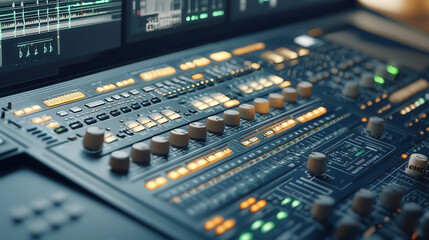 Digital control panel with glowing buttons and screens, showcasing technology and design