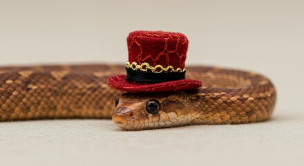 Snake with Small Red Hat Close-up Funny Pet Wildlife Image