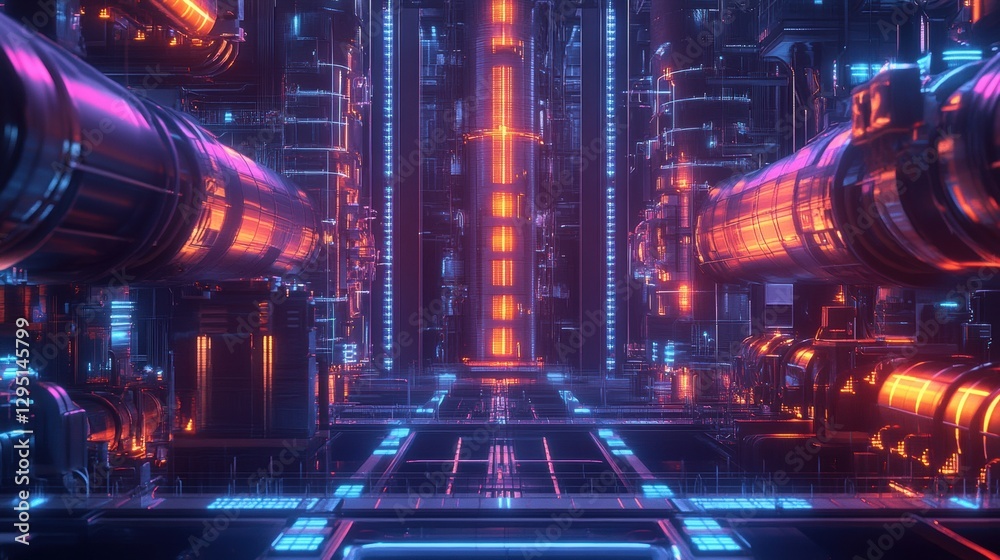 Aufkleber futuristic gas power plant illuminated by glowing neon pipelines in a high tech environment. generat