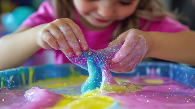 A young girl happily plays with colorful slime in a tray