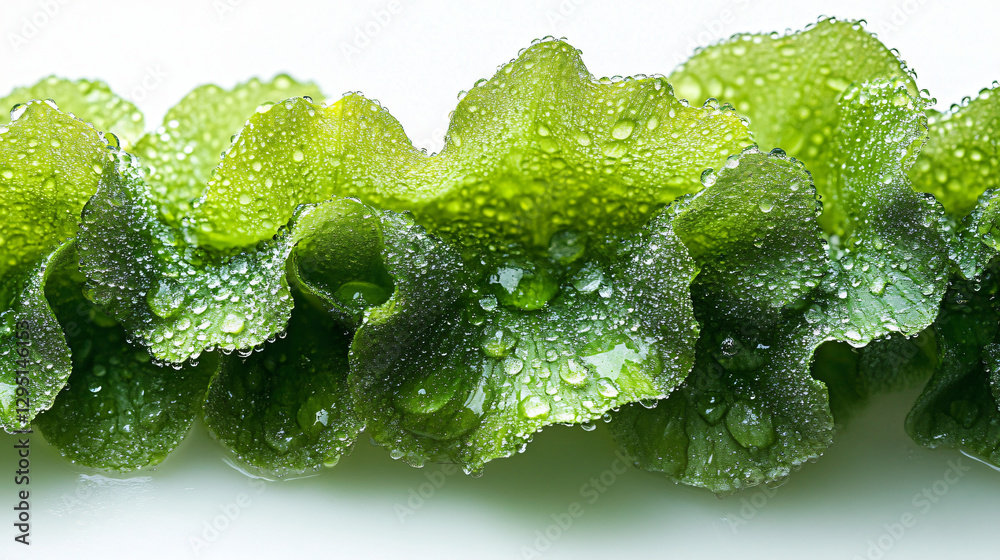 Poster close-up of a bunch of fresh green leaves adorned with sparkling water droplets after a refreshing r