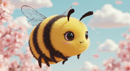 Cartoon Bee Flying Among Cherry Blossoms on a Beautiful Spring Day