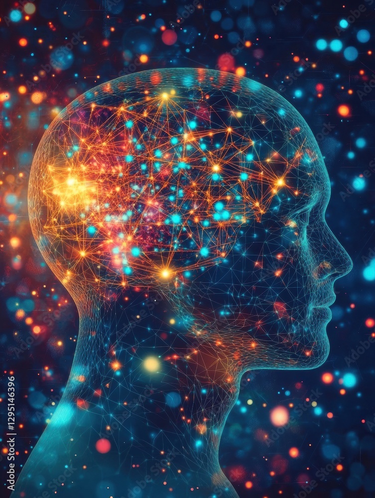 Aufkleber Silhouette of a human head filled with glowing AI nodes and digital patterns against a cosmic cyberpunk backdrop. Generative AI