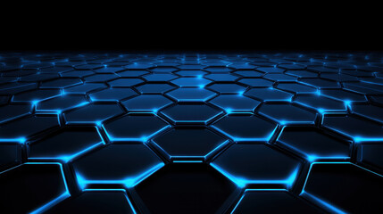 Naklejka premium network of connected hexagons with dark blue background creates futuristic and dynamic visual. glowing edges enhance depth and modernity of design