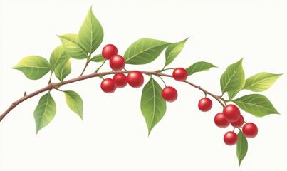 Red berries on a branch with green leaves, isolated on white