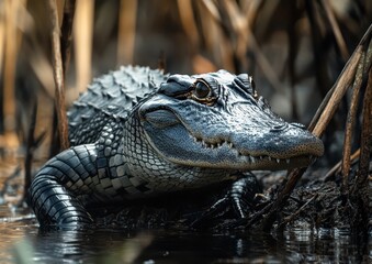 Obraz premium Close-Up of an Alligator Head Emerging from the Water Surrounded by Natural Vegetation in a Subtropical Wetland Environment