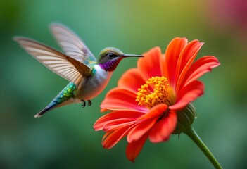 Naklejka premium Hummingbird Approaching a Red and Yellow Flower