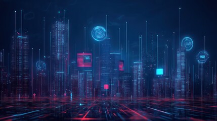 Futuristic city skyline, digital interface, data flow, night scene, tech background