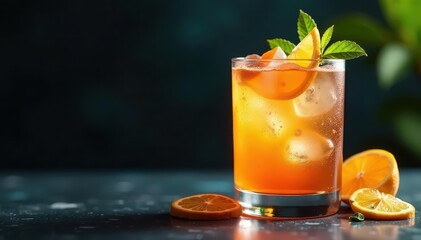 Fototapeta premium Frosted glass cocktail with splashes of citrus and herbal liqueurs , citrus, twilight, herbs