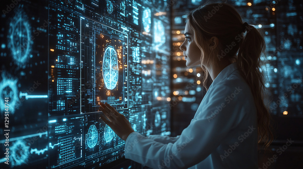 Poster woman engaged in thoughtful reflection while staring at a bright digital screen in a modern indoor s