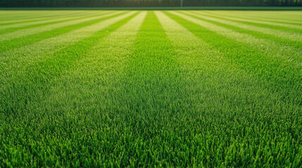 Freshly cut lawn with vibrant green grass and neat stripes, creating serene outdoor space. sunlight enhances lush appearance, perfect for relaxation or outdoor activities