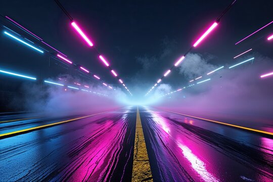 Dynamic 3D Visualization of Glossy Asphalt with Neon Glow and Fog on Dark Background