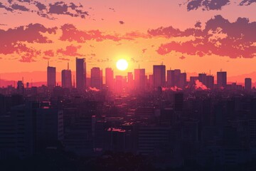 Fototapeta premium Sunset Cityscape: A Breathtaking View of the City Skyline at Dusk