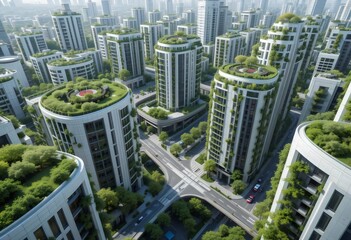 Obraz premium Futuristic Green City with Tall Buildings and Winding Roads