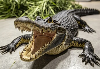 Obraz premium Close-up of an alligator with wide-open mouth revealing sharp teeth, resting on a concrete surface with grass in the background, showcasing its powerful features.