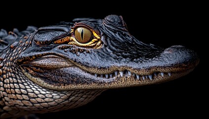 Fototapeta premium Close-up of an Alligator's Head with Intricate Skin Texture and Intense Eyes Against a Dark Background, Symbolizing Power and Ancient Reptilian Features
