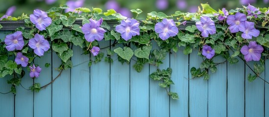 Fototapeta premium Purple Flowers Climbing Light Blue Fence