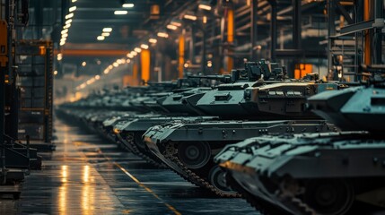 Industrial assembly line of war tanks in a military factory high-resolution gigapixel capture isolated environment