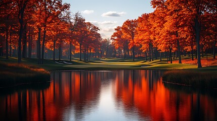 Autumnal golf course lake reflection scenic