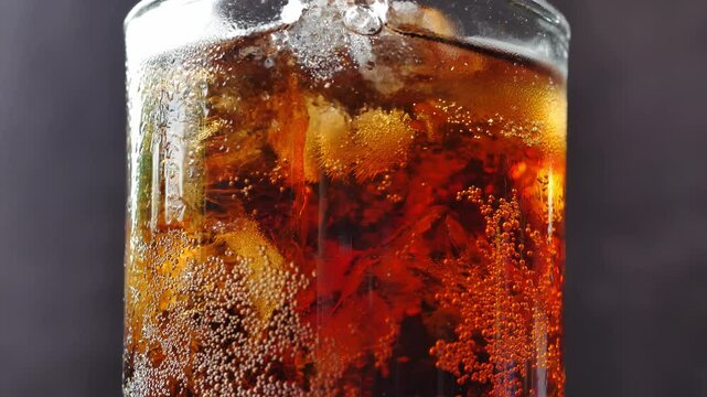 Cola soft drink with ice cubes, Close up of soda fizzy drink in Cold glass, macro of black soft drink background