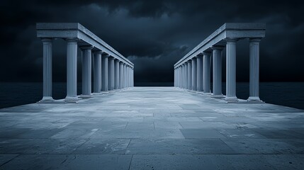Grey Stone Columns Extending to Dark Ocean Under a Stormy Sky