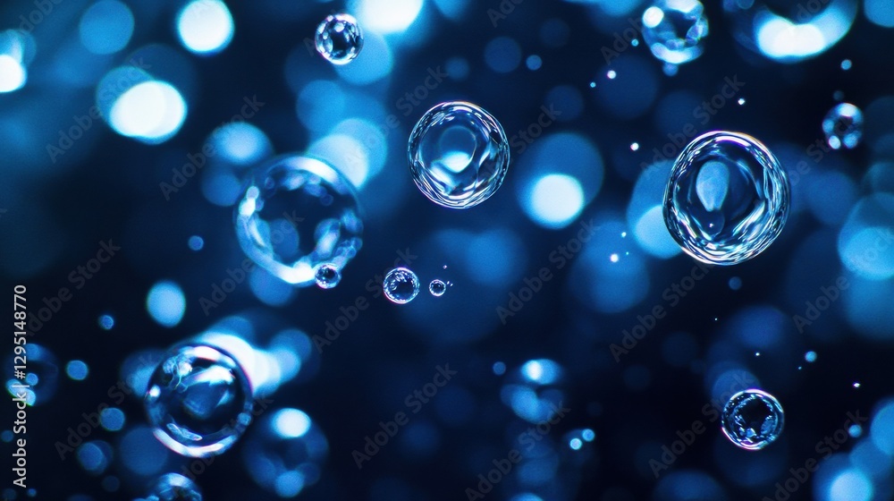 Poster Glowing gas bubbles create an enchanting underwater display in a serene blue environment at twilight. Generative AI