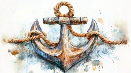 Rusty anchor and ship rope art isolated on white handpainted illustration nautical theme artistic viewpoint © Arthaphan