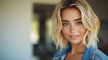 A blond woman with freckled hair wears a blue denim jacket while gazing directly at the camera, exuding confidence and warmth.