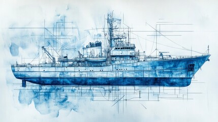 Handpainted ship blueprint marine art digital illustration nautical theme isolated design gigapixel quality