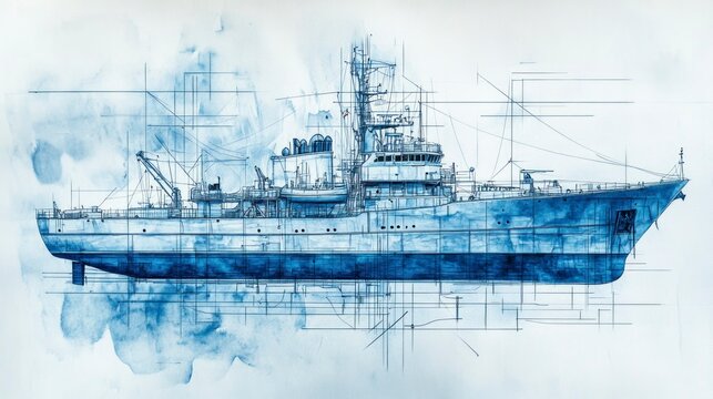 Handpainted ship blueprint marine art digital illustration nautical theme isolated design gigapixel quality