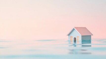 Flooded house miniature, sunset, water, climate change, environmental disaster