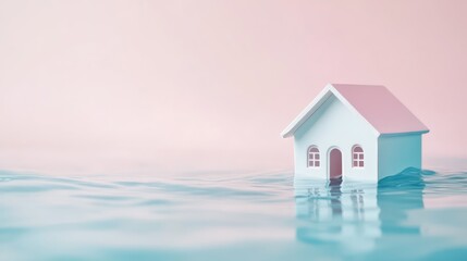 Flooded house miniature, pastel background, climate change impact