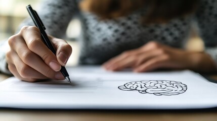 Woman sketching brain diagram at cafe table