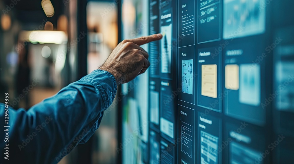 Poster ai-driven workflow concept with an employee pointing at a digital task management board, optimizing 