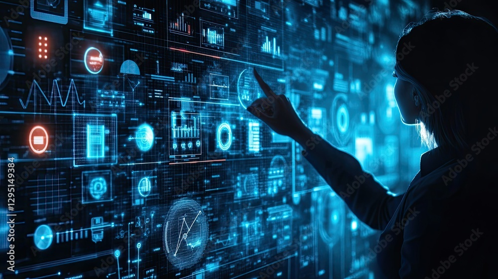 Poster ai-driven workflow concept with an employee pointing at a digital task management board, optimizing 