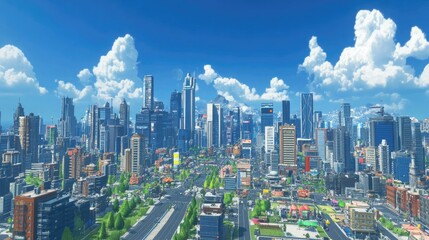 Obraz premium Aerial view of a modern city skyline with towering skyscrapers, bustling streets, and a blue sky panorama.